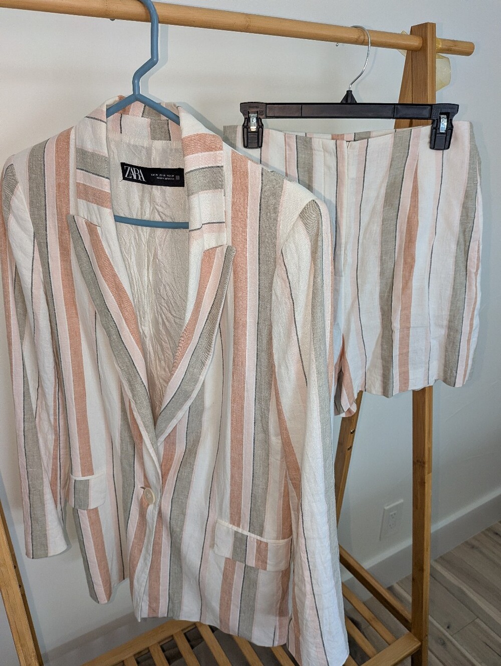 Zara Striped Linen-Blend Blazer & Shorts Set in Cream, Peach & Olive XS/M